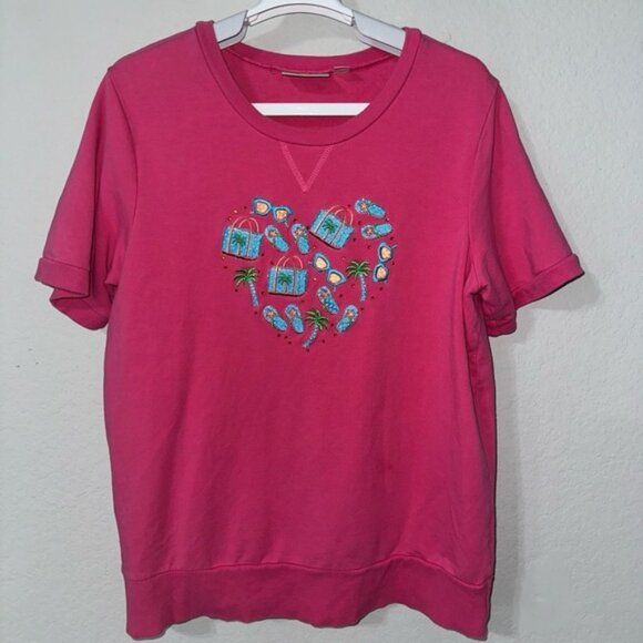 Quacker Factory Pink Cotton top with Beach/Vacation inspired design Medium - Picture 1 of 8